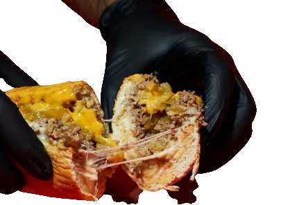 A Deezy's cheesesteak pulled apart with a cheese pull